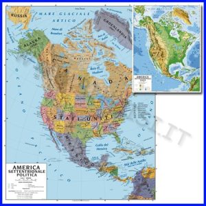 CARTA GEOGRAFICA CM.100X140 – AMERICA SETTENTRION. BIFACCIALE DA PARETE