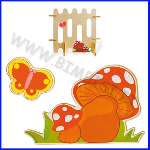 DECORAZIONI LEGNO FUNGHI E FARFALLA CM 23X35