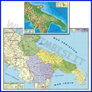 CARTA GEOGRAFICA REGIONALE PUGLIA BASILICATA 100X140 BIFACCIALE DA PARETE