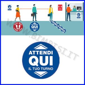 ADESIVO PAVIMENTO “ATTENDI QUI IL TUO TURNO” DIAM.30 CM BLU