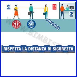 ADESIVO PAVIMENTO “RISPETTARE LA DISTANZ A DI SICUREZZA” DIM.CM 99.5X10 BLU